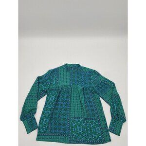 Loft High Neck Blouse Top Kelly Green Blue Geo Bandana Print size Women Sz XXSP